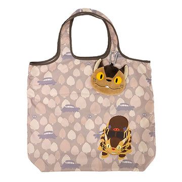 A beige reusable tote bag featuring a pattern with the character Totoro from My Neighbor Totoro, a cat, and a bus.